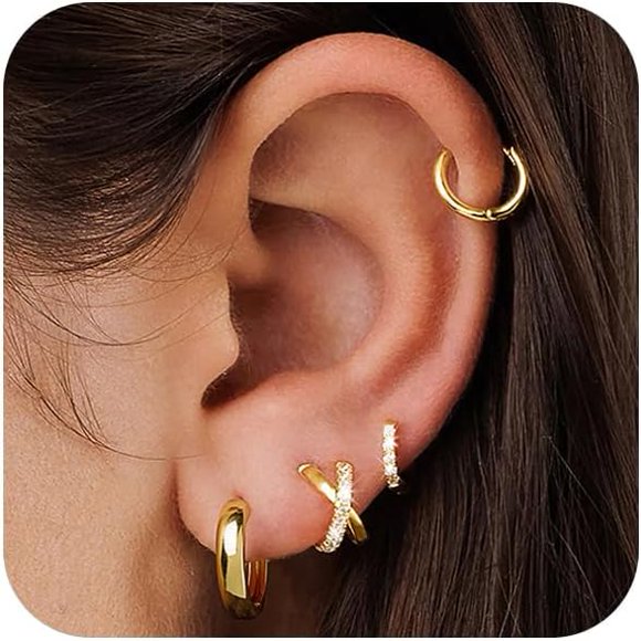 shiyou-Small Gold Hoop Earrings for Women, 14K Gold Plated Hypoallergenic Earring Set, Cartilage Huggie Hoop Earring Stacks for Multiple Piercing