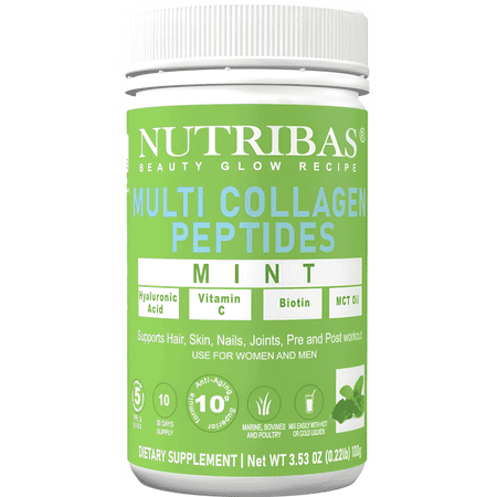 NUTRIBAS Multi Collagen Peptides Mint Protein Powder Supplement | For Hair Skin Nails, Joints, Pre and Post-workout