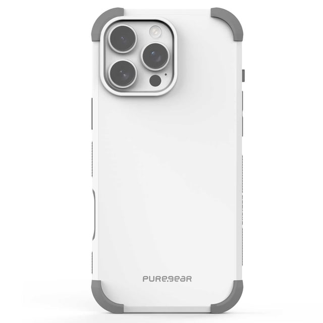 funda case puregear dualtek para iphone 16 pro max blanca Vista trasera centrada con chasis blanco y esquinas contra impactos grises, borde elevado alrededor del módulo de cámara y logo PureGear en la parte baja; silueta rígida-flexible, compatible solo con iPhone 16 PRO MAX 6.9 y compatible con carga inalámbrica según especificaciones; también suele usarse para proteger el teléfono en mochilas durante el transporte.