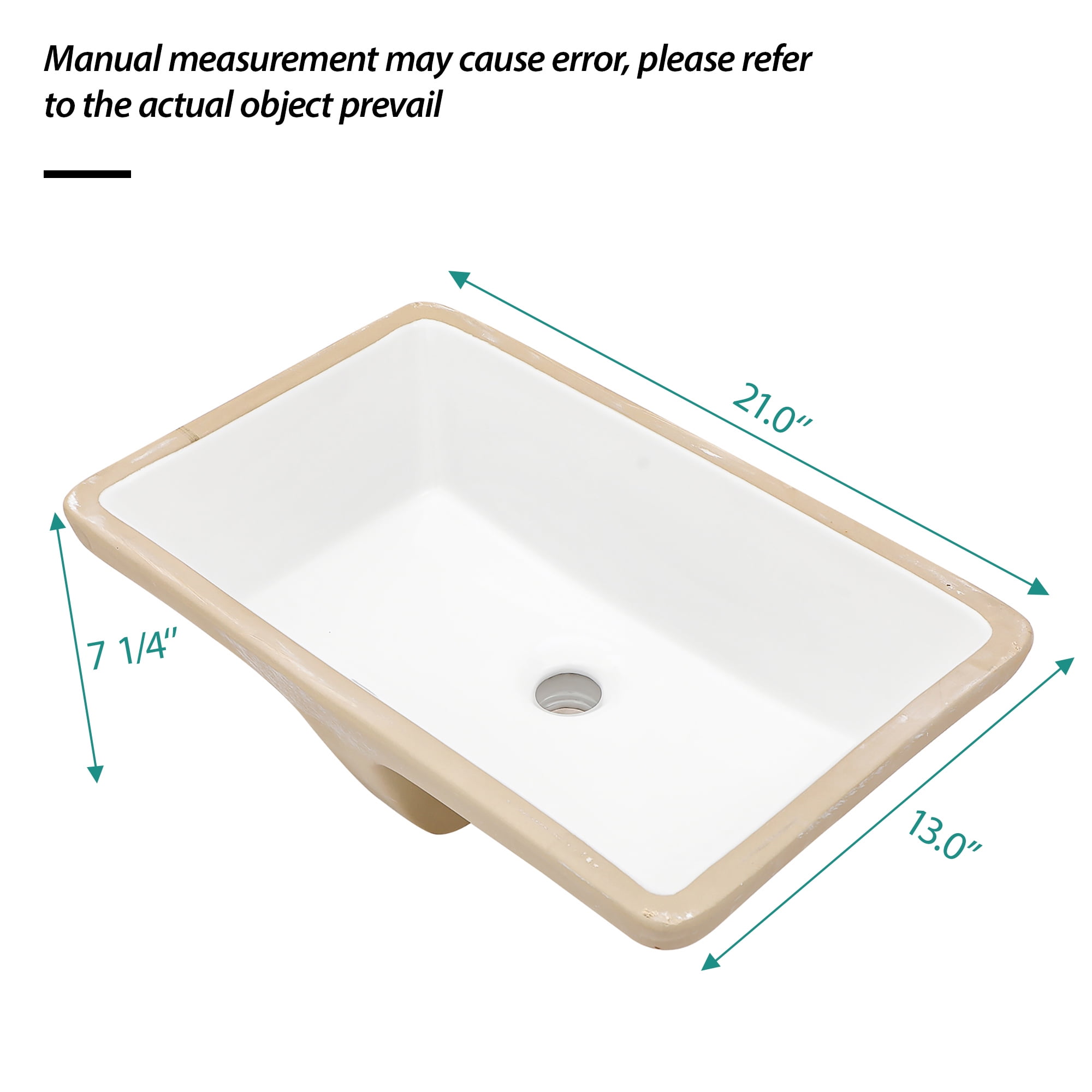 21"×13"×7.25" White Ceramic Rectangular Undermount Bathroom Sink with Overflow Hole