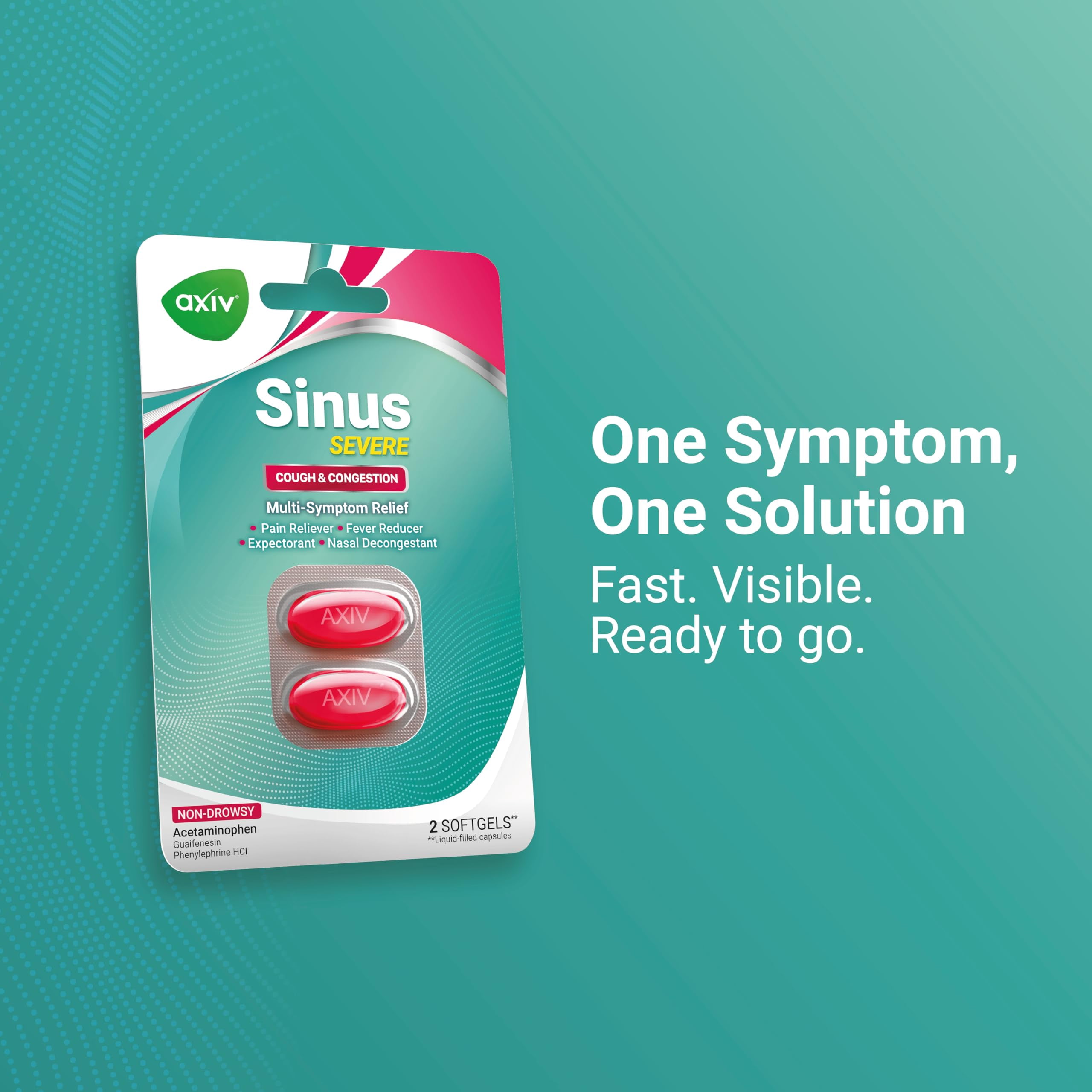 AXIV Sinus Severe + Mucus Relief, Non-Drowsy, Loosens Mucus, Maximum Strength Relief of Pain, Pressure, Congestion, & Headache Ease, 25 Blister Packs (2 Softgels Each, 50 Total)