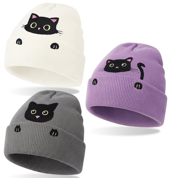 Bocaoying 3Pcs Toboggan Cat Beanie Winter Hats for Women, Cute Cat Beanie Womens Beanie Cat Hat, Cat Gifts for Cat Lovers, Teen Girl Gifts, Valentines Day Gifts for Her