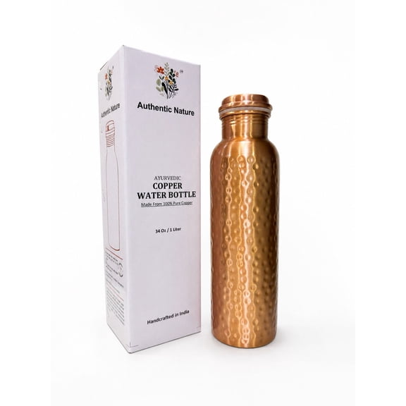 Authentic Nature Ayurvedic Copper Water Bottle, Pure Copper, 1 Litre/34 Oz, Hammered Design, Handcrafted in India