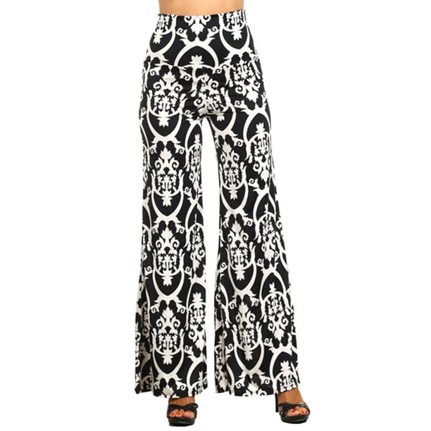 Black and White Damask Print Palazzo Pants with Fold-Over Waist, Size ...