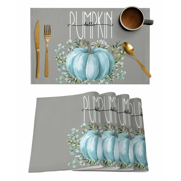 Fall Pumpkin Placemats Set of 2 Blue Pumpkin Eucalyptus Leaf Vintage Farm Heat Insulation Washable Place Mats, Rustic Non-Slip Table Mats for Dining Table Party Kitchen Decor,13x19 Inch