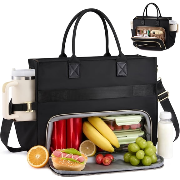 LOVEVOOK Insulated Lunch Bag,2-in-1 Work Tote Bag with Lunch Compartment,Large Capacity Professional Work Bag for Women,15.6 Inch Laptop Bag with Cup Holder for Teacher,Nurse,College,Office,Travel