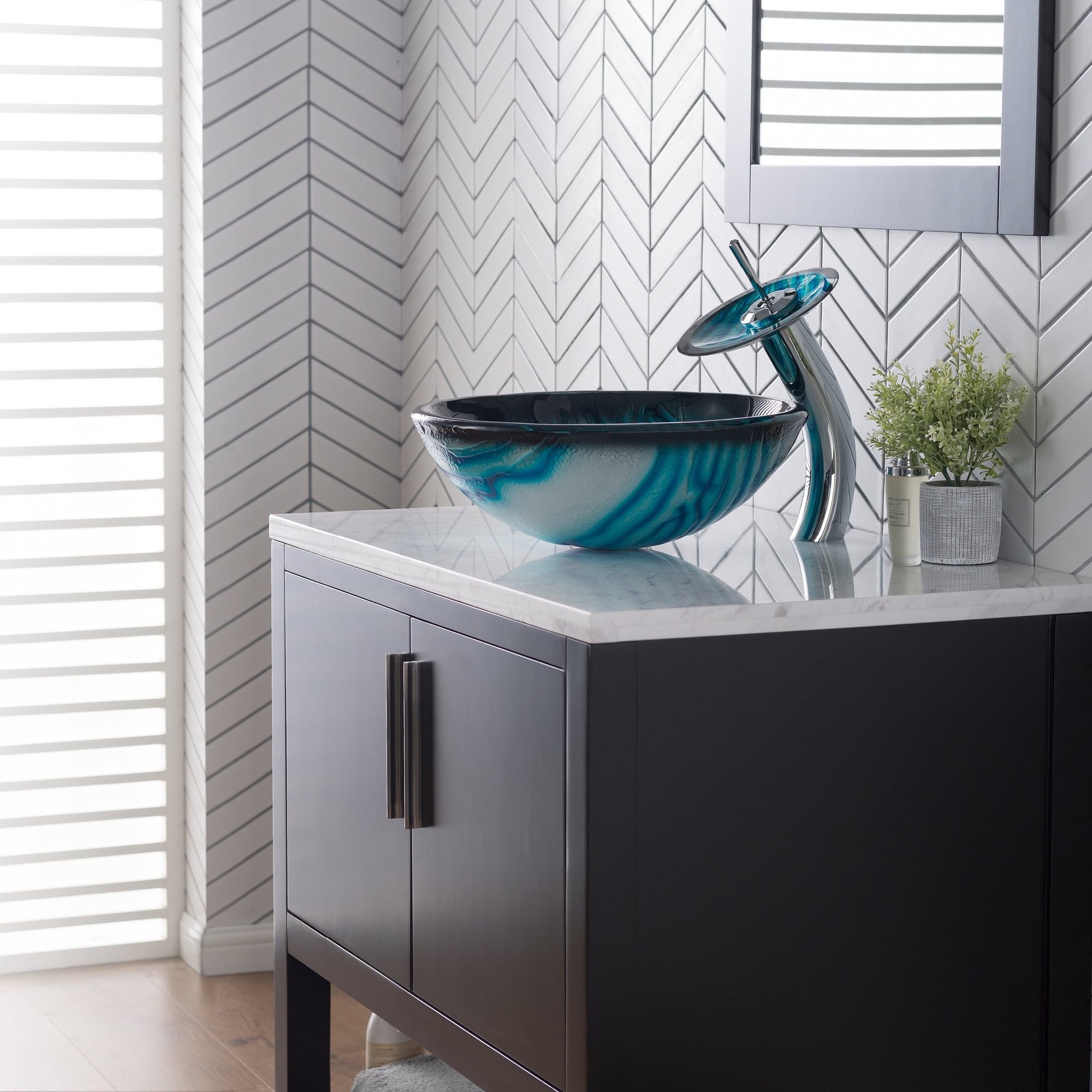KRAUS Nature Series Blue Glass Bathroom Vessel Sink and Waterfall Faucet Combo Set with Matching Disk and Pop-Up Drain, Chrome Finish