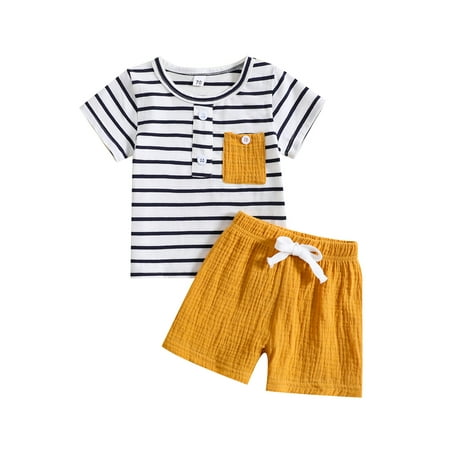 

Toddler Baby Boys Summer Outfit Short Sleeve Striped T Shirt Tops + Solid Color Linen Shorts Sets Infant Clothes