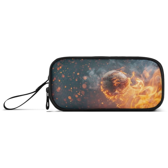 Baseball on Fire Pencil Case Stationary Holder Pen Bag Pencil Pouch Tool Organizer 3 Compartments