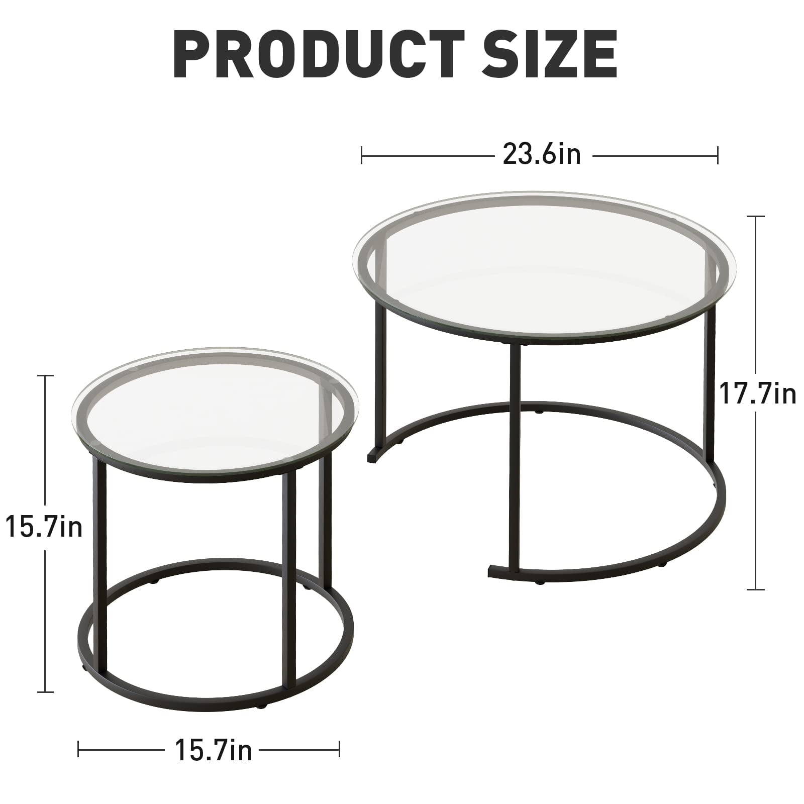Nesting Coffee Table Set of 2,Modern Black Tempered Glass Side Table, Metal Frame Round End Table.Small Glass Tea Table for Living Room,Bedroom Studio Apartment Essentials，17.7IN