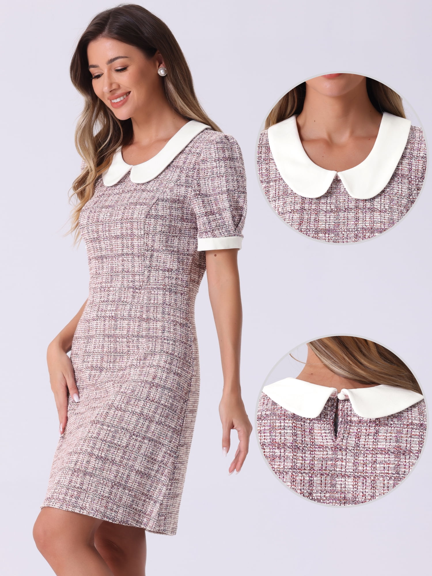 DARING DIVA Peter Pan Collar Plaid Puff Mini Tweed Dress L Pink