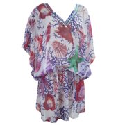 Mogul Women's Kimono Caftan Top White Shell Printed Summer Beach Dress One Size
