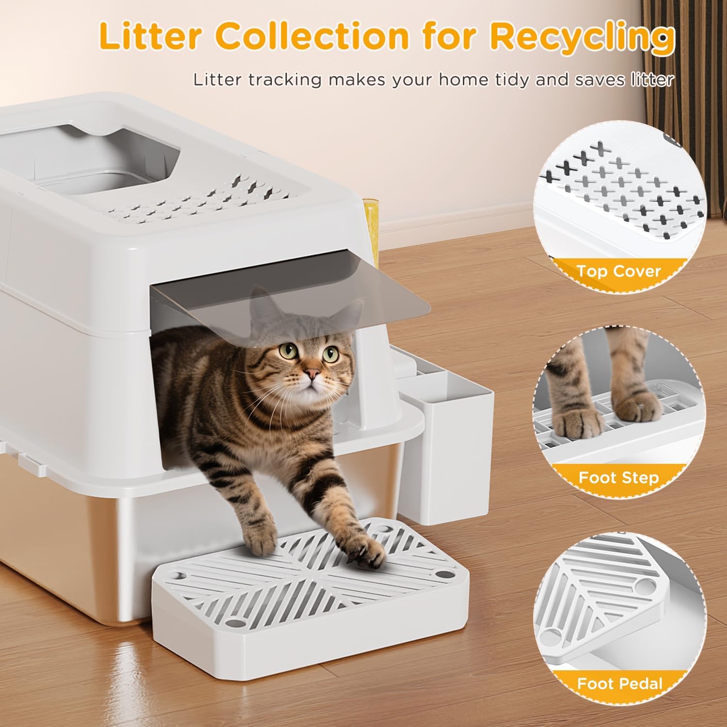 Stainless Steel Litter Box with Lid, XL Closed Metal Litter Box Modular Design with Flip Lid Fits All Cats, Extra Large Covered High Sided Cat Box, Scoop, Non-Sticky, Easy Cleaning (White)