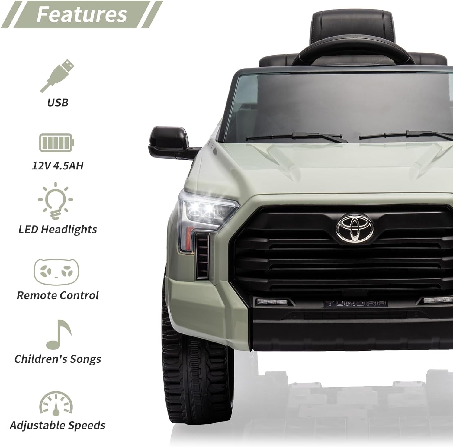 Toyota Tundra 12V Ride on Truck Car for Kids, , Battery Powered Electric Toys with Remote Control, MP3, LED Lights, Suspension System, Double Doors, Safety Belt, for 3+ Years Old, Light Green
