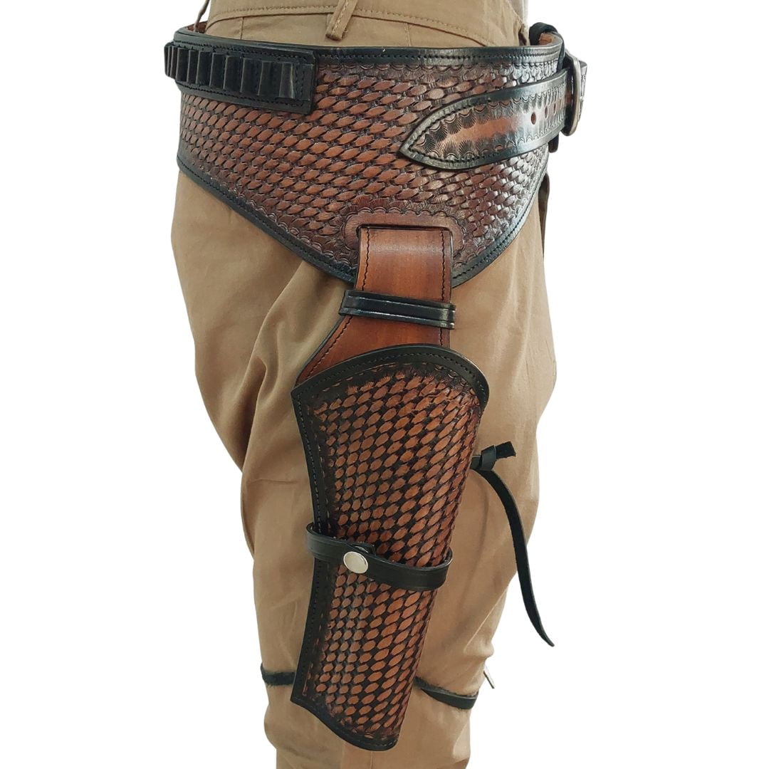 Western Leather Holster with Belt Handmade – Full Grain Tooled Leather Fast Draw Style, Adjustable Gun Belt Holster for Costume & Cowboy Wear