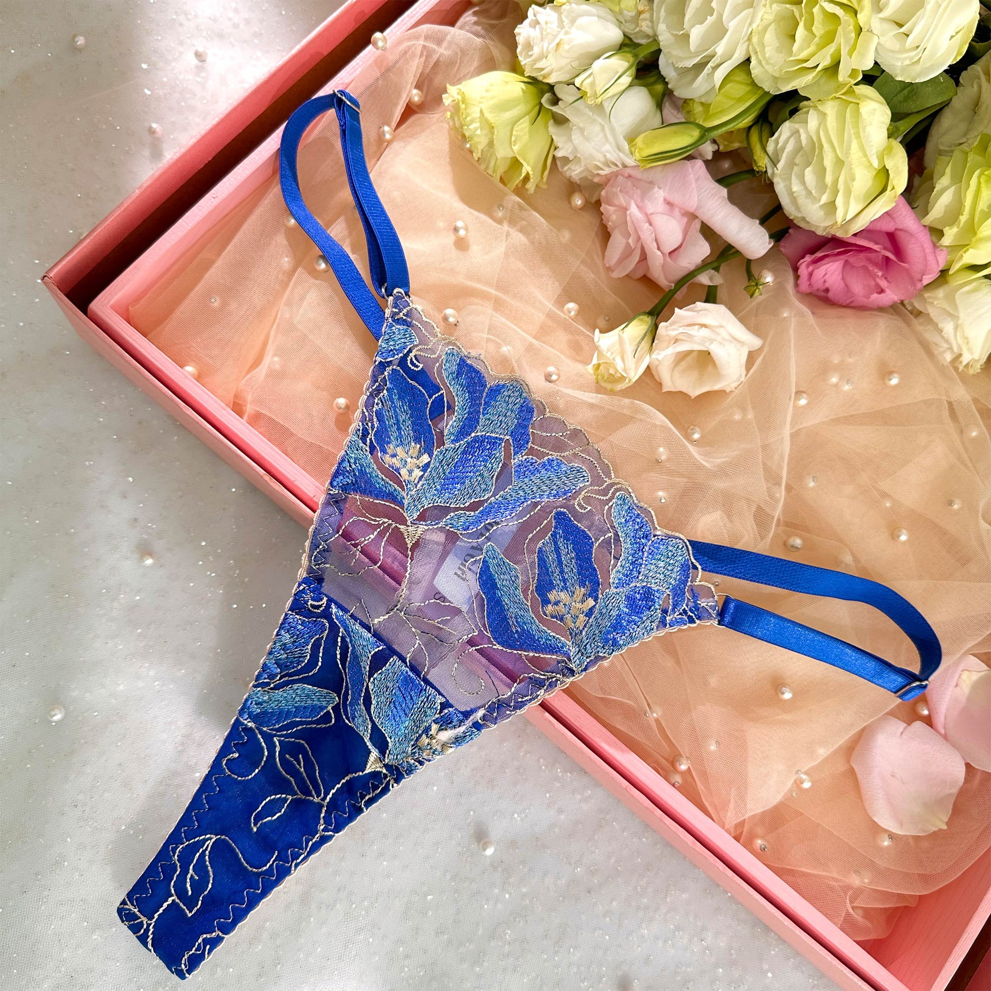 Floral Embroidery Lingerie Set (BLUE, XL)