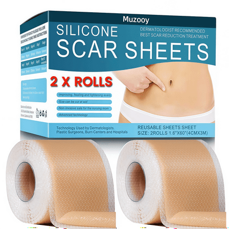 Muzooy 2 Rolls Silicone Scar Sheets, Medical Grade Silicone Scar Tape, Scar Removal Strips for Acne, Burn Scars C-Section, Keloid Surgery Scars Sheets