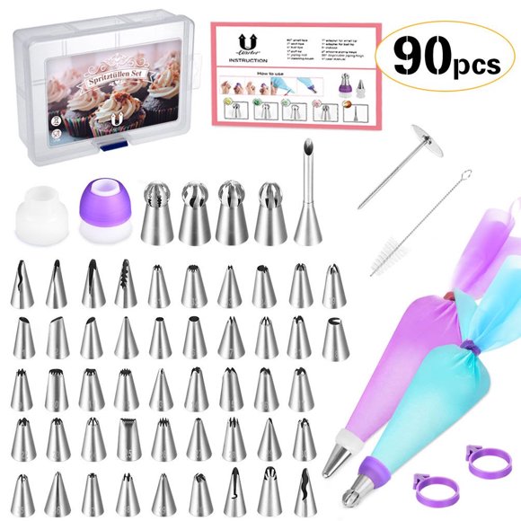 Professional Cake Decorating Supplies Set Stainless Steel Cream Tips Kit Portable Piping Nozzles Bags for Mounting Patterns on Cake, Set of 90