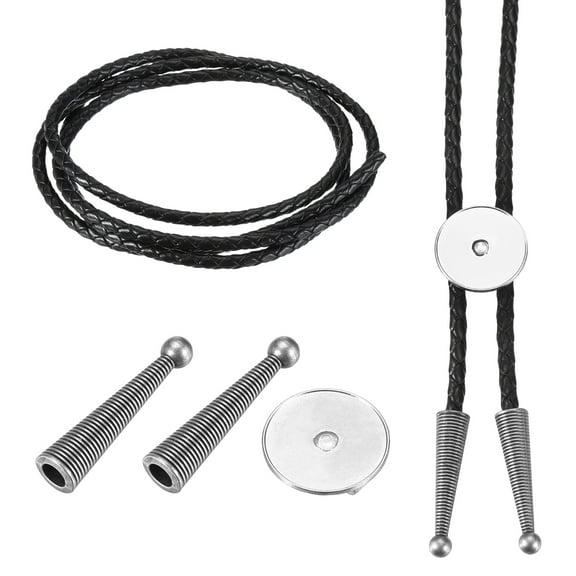 Uxcell Bolo Tie Findings Kit, Bolo Tie Accessories Includes Slide Clasps, 2 Cord End Caps, 1Yards Black Leather Braided Cord for DIY Western Necklace Jewelry Making, Style 1, Silver Tone