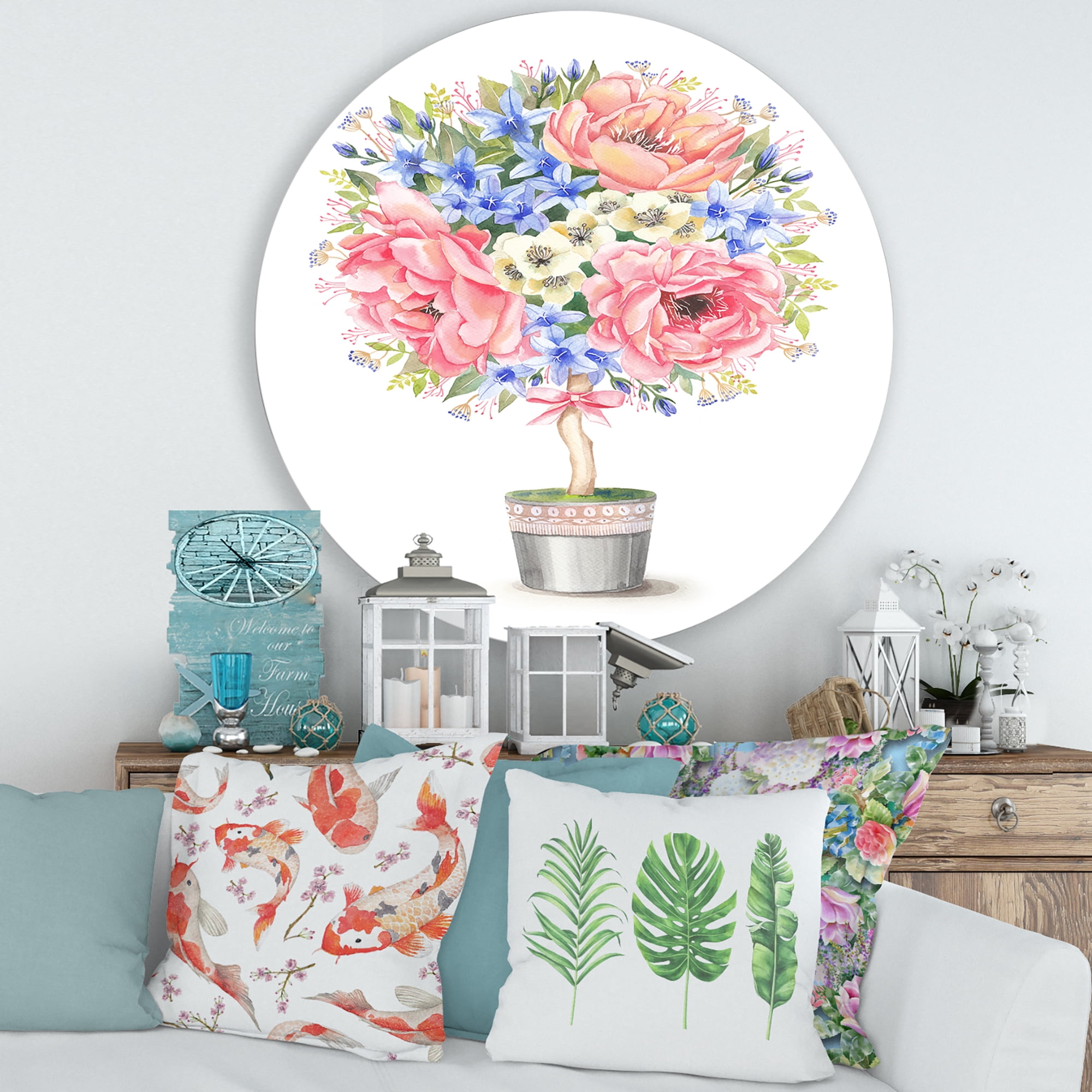 Designart 'A Bow With Flower Tree In A Pot' Farmhouse Circle Metal Wall Art 36x36 - Disc of 36