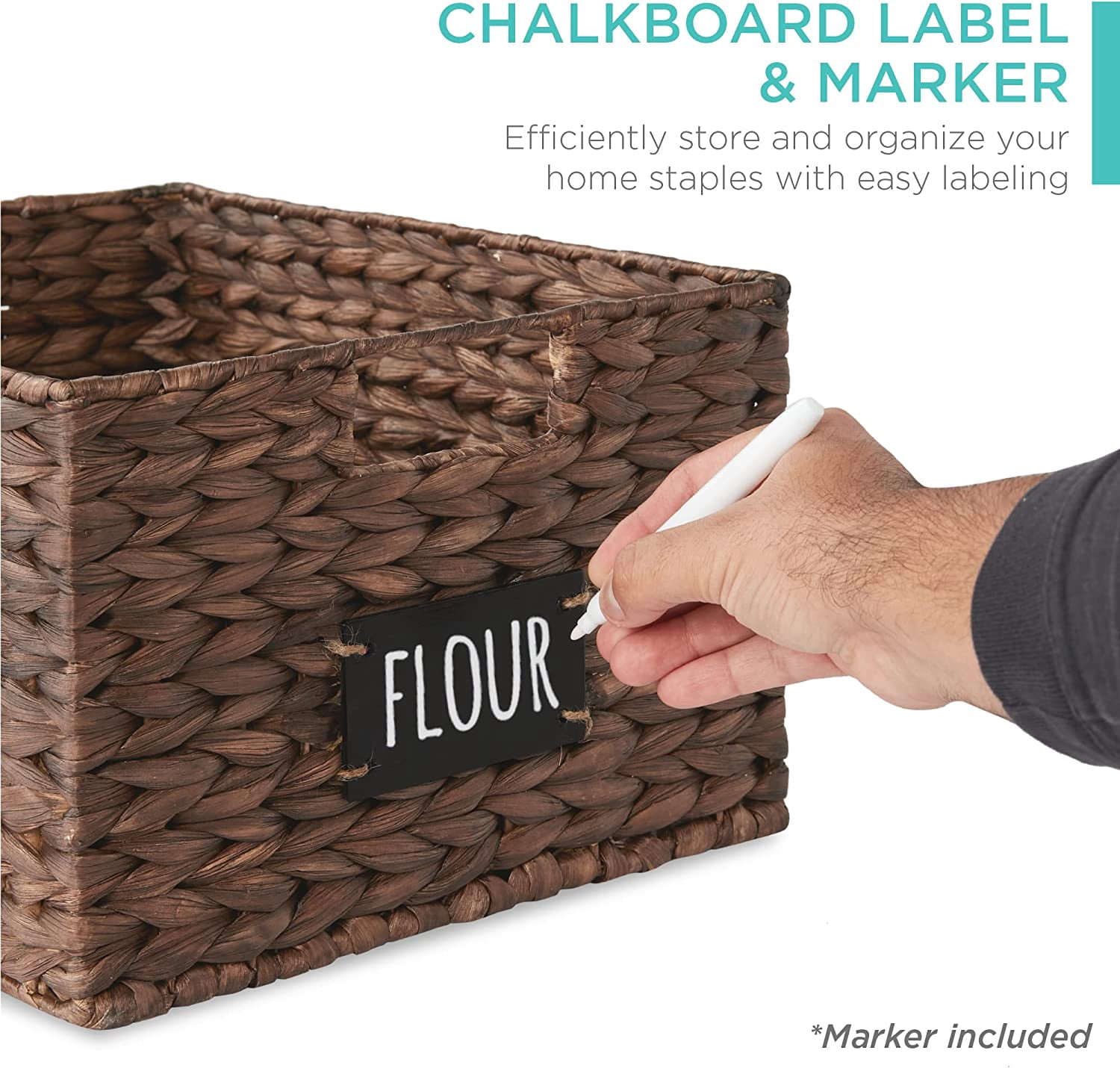JFTER Pantry Baskets Set of 2 16x12in Water Hyacinth Storage Baskets, Woven Wicker Kitchen Organizers with handles w/Chalkboard Label Chalk Marker - Brown
