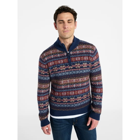 George Men's and Big Men's Fair Isle Quarter Zip Sweater with Long Sleeves, Midweight, Sizes XS-3XL