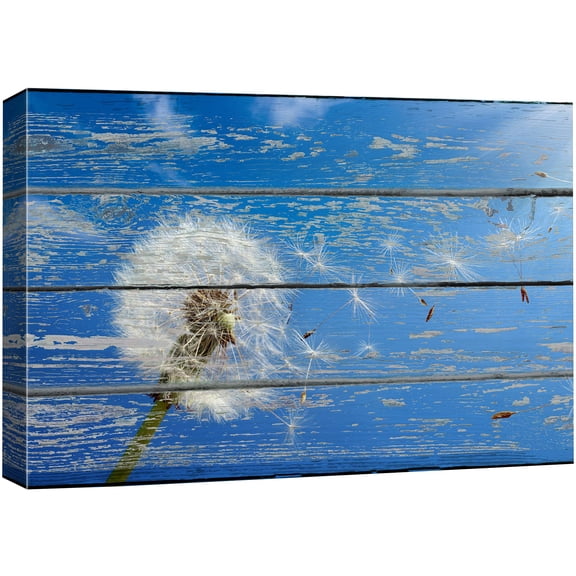 wall26 Canvas Print Wall Art White Dandelion & Blue Sky on Wood Panels Floral Flower Photography Modern Art Rustic Scenic Relax/Calm Multicolor for Living Room, Bedroom, Office - 32"x48&quot