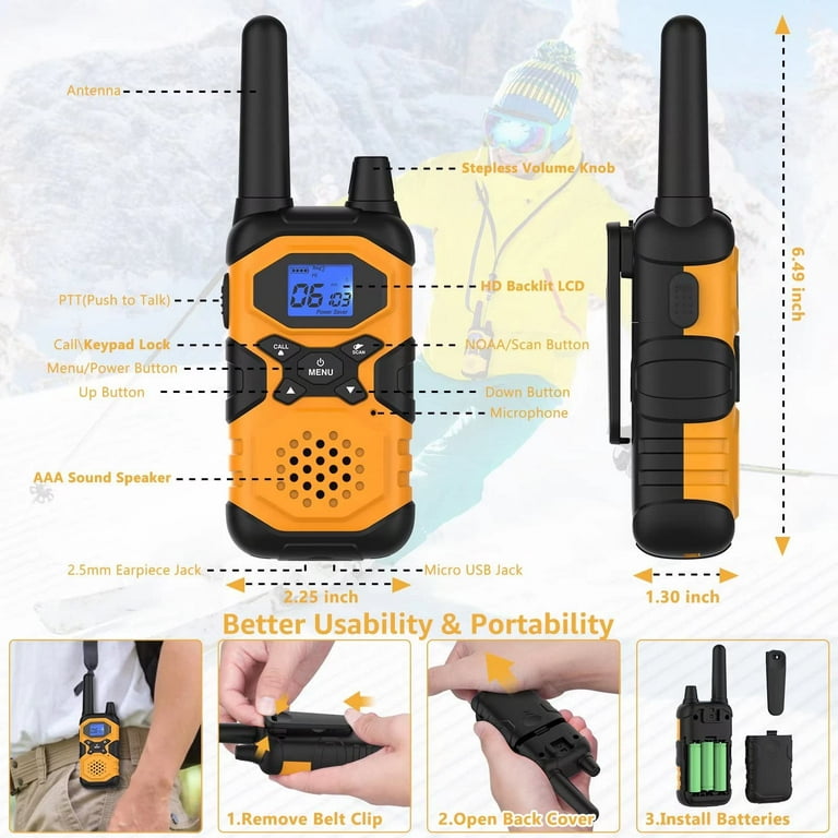 Walkie Talkies for Adult, Rechargeable Long Range Walky Talky Handheld Two  Way Radio with NOAA Weather Channel, 6x1000MAH AA Batteries and USB Charger