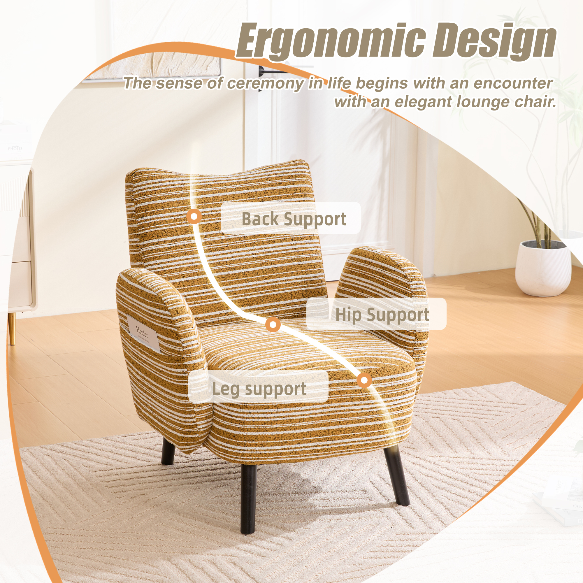 Leumius Armchair with Side Storage Pocket and Solid Wood Legs, Comfortable Reading Chair with Sanded Fabric for Living Room Bedroom Office Mustard Yellow