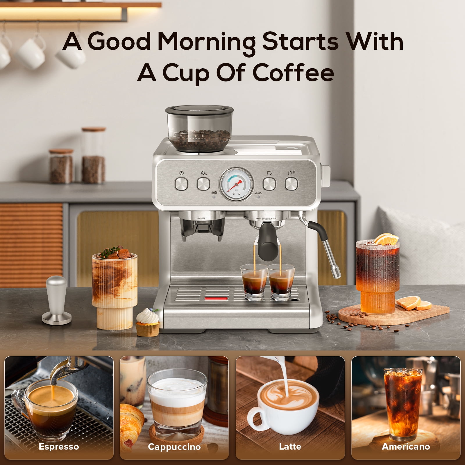 Moifoi 15 Bar Semi-Automatic Espresso Coffee Machine with Conical Burr Grinder and Steam Wand, 1&2 Cups - Silver, New