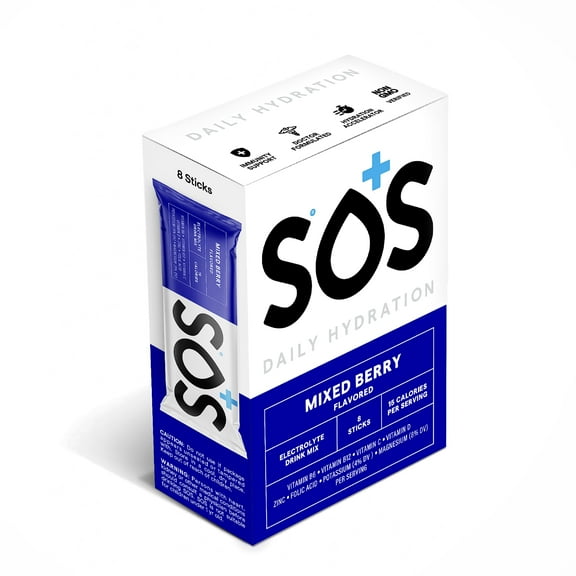 SOS Hydration Electrolyte Powder Drink Mix Packets | Daily Hydration & Energy | Added Essential Vitamins | Low Sugar | 8 Servings (Mixed Berry)