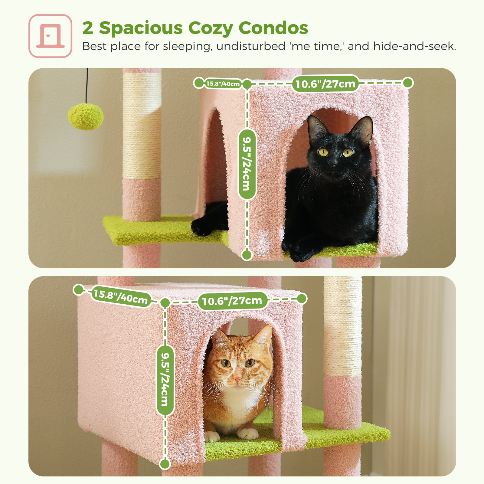 Kadyn 62" Modern Cat Tree Tower for Indoor Cats with Scratching Posts, Cozy Cat Condo and Top Perch, Dangling Ball for Small Medium, Pink