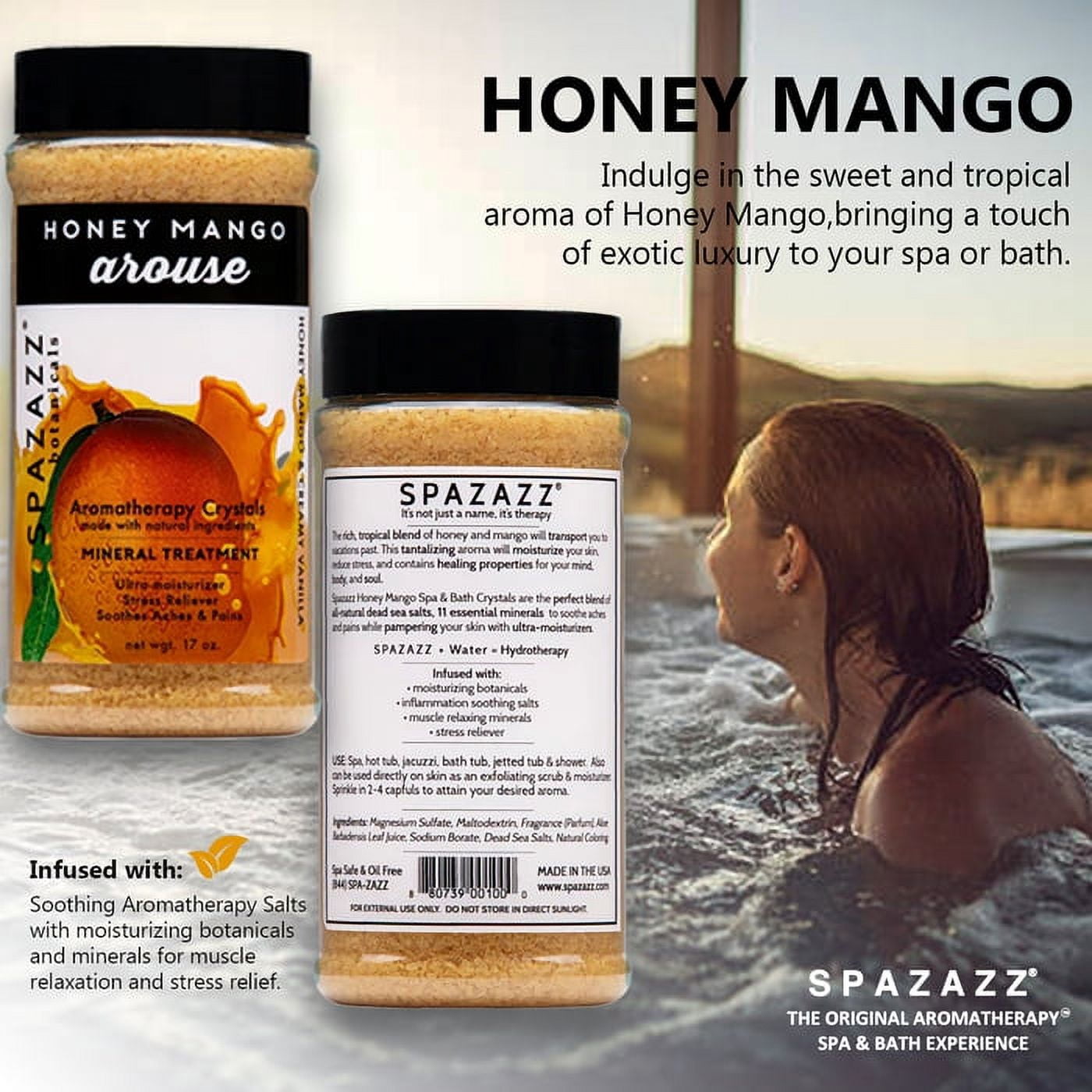 Spazazz Hot Tub Aromatherapy Bath Salt Crystals 3-Pack Bundle - Eucalyptus Mint Stimulate - Tropical Rain Revitalize - Honey Mango Arouse - Botanicals Collection Scents For Relaxing In Spas  (17 oz)