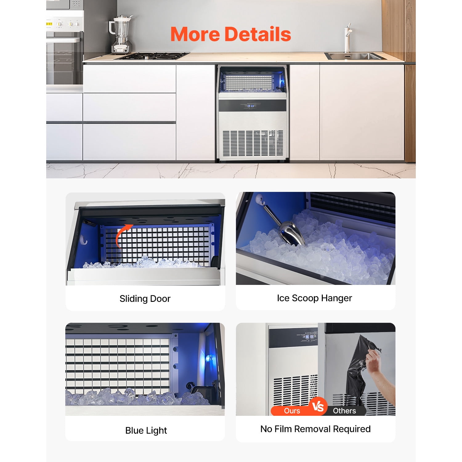KFFKFF 440lbs Commercial Ice Maker Machine Stainless Steel Under Counter ice Machine with 130lbs Storage Bins with Auto Clean