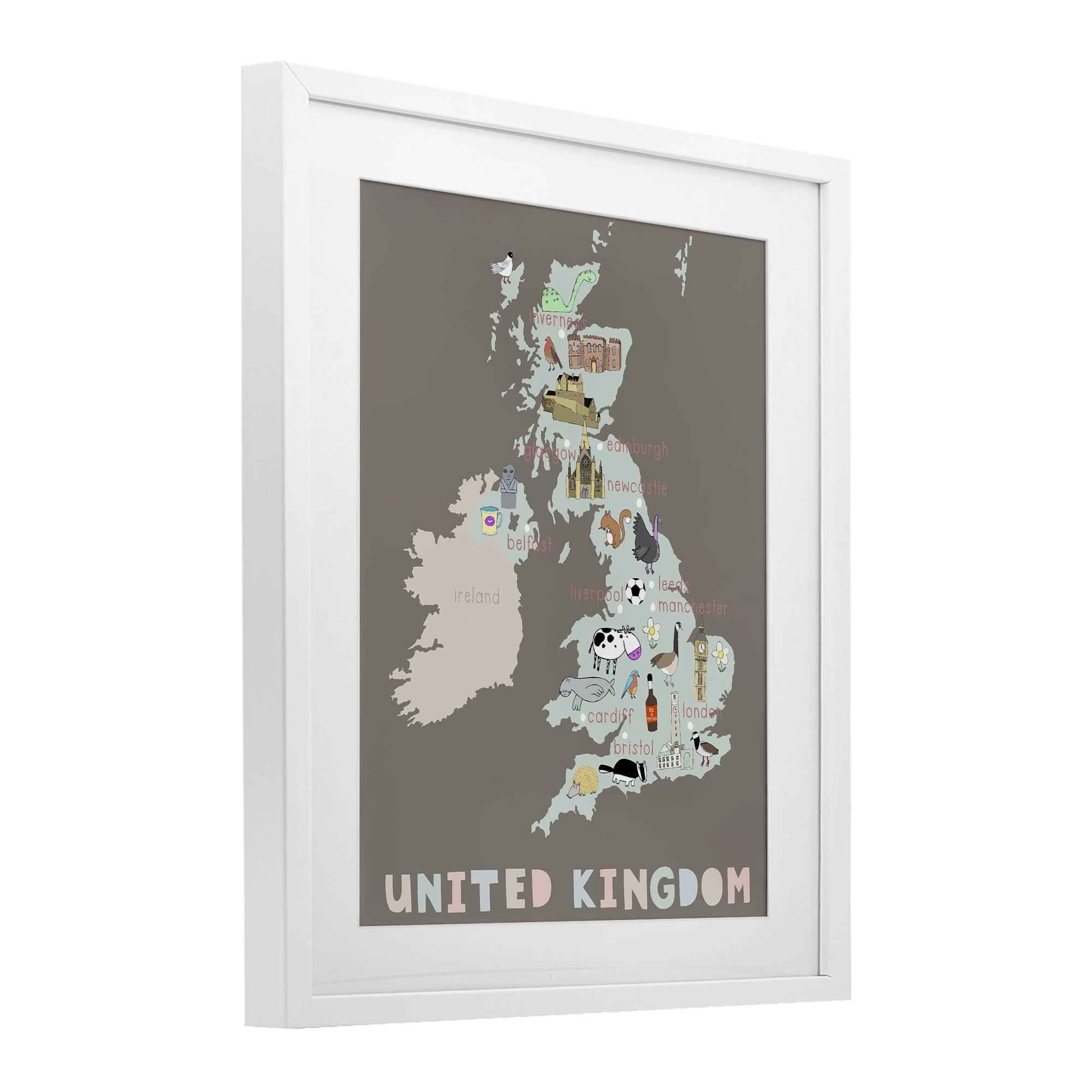 Kid's Map of United Kingdom White Framed Print Under Glass, design by Carla Daly