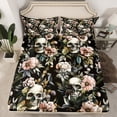 thumbnail image 2 of jejeloiu Retro Rustic Floral Queen Sheet Sets,Spooky Skull Skeleton Flat Sheet,Pink Floral Queen Fitted Sheet For Adult,Super Cozy Room Decor,4 Pieces, 2 of 7
