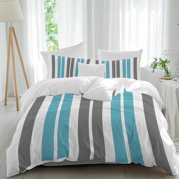 3 Piece Grey Aqua Stripes,Duvet Cover Set California King,Microfiber Comforter/Quilt Cover with Corner Ties and 2 Pillowcases,Abstract Contemporary Minimalist Geometric Bedding with Zipper Closure