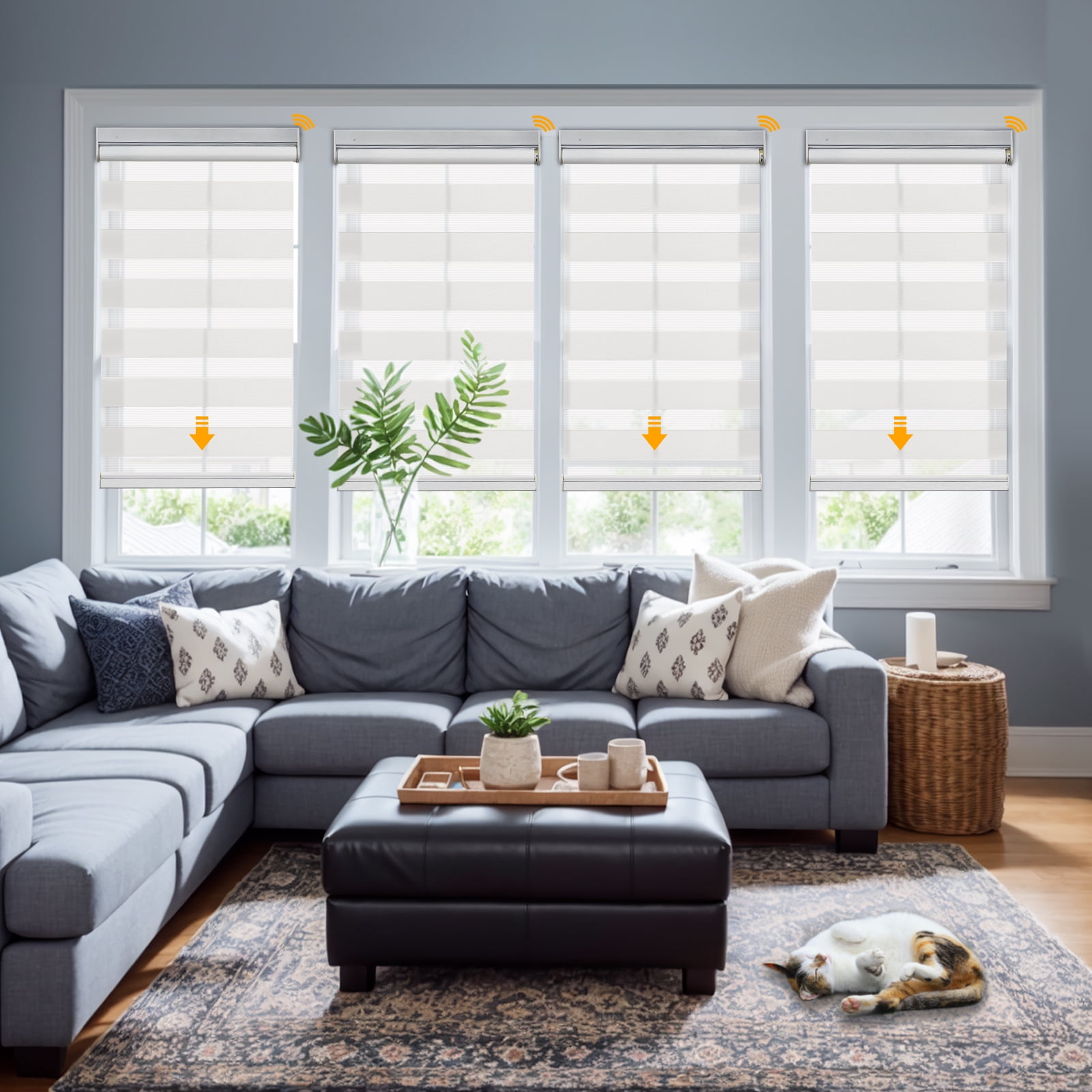 Keego No Drill No Tool Motorized Zebra Shades Blinds Remote Control Dual Layer Roller Shades Blackout Window Treatment - Apricot, 32"W x 56"H