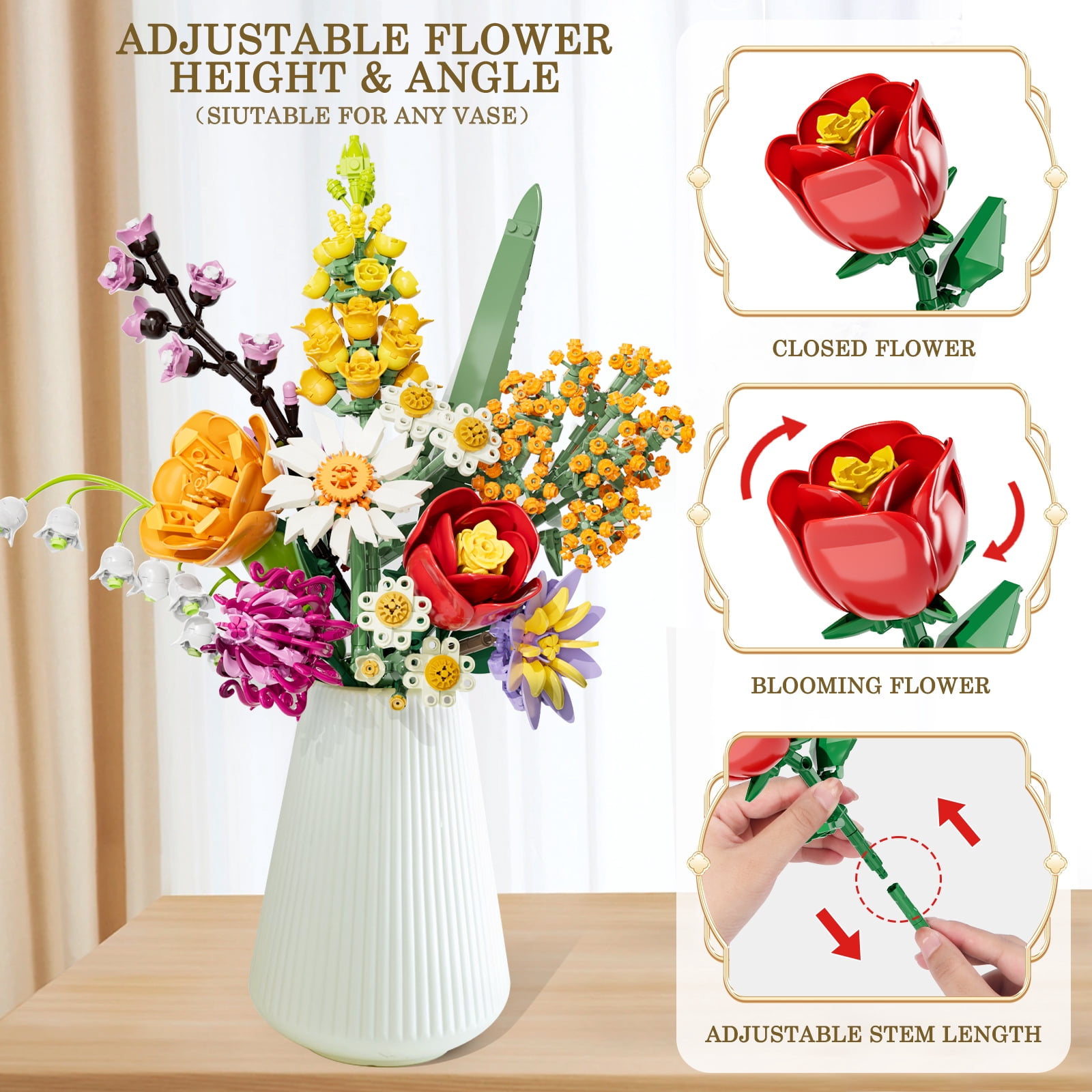 Flowers Building Set, 1070PCS Wildflower Botanical, ABS Flower Kit Toy for Kids Adults Women, Home Decor Gift for Birthday, Christmas, Father's Day