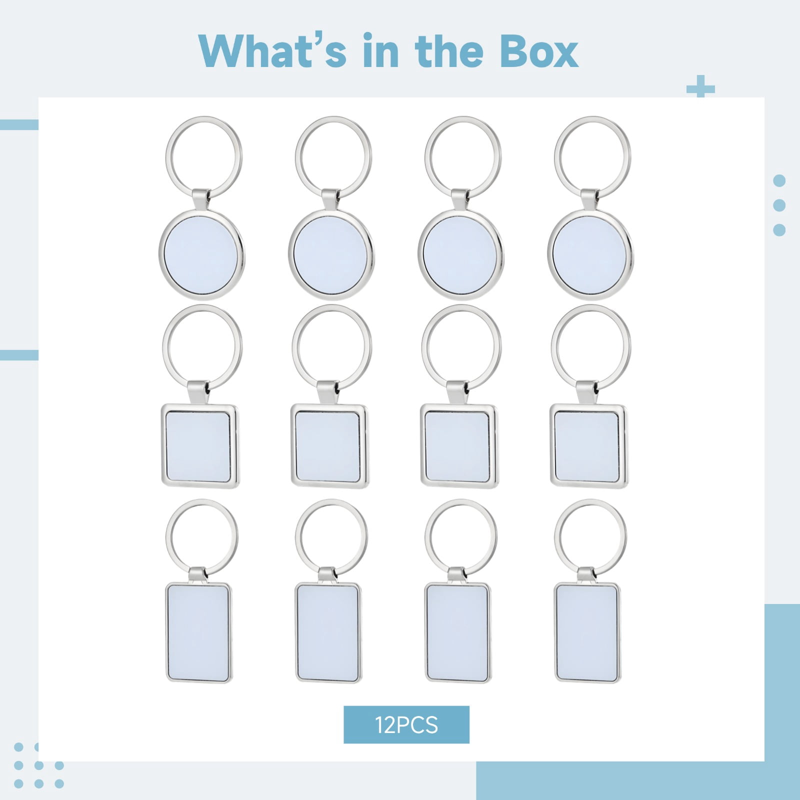 12 Pcs Sublimation Keychain Blanks, Metal Key Chain Set with Round, Square, and Rectangle Designs - DIY Heat Transfer Key Ring Pendants for Custom Photo Presents and Personalization