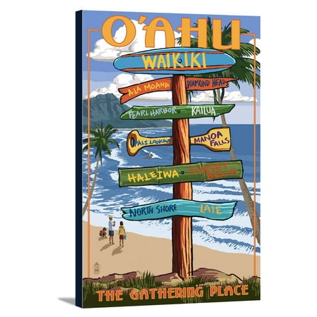 Waikiki, O'ahu, Hawaii - Destinations Sign - The Gathering Place - Lantern Press Artwork (12x18 Gallery Wrapped Stretched (Best Place To Order Gallery Wraps)