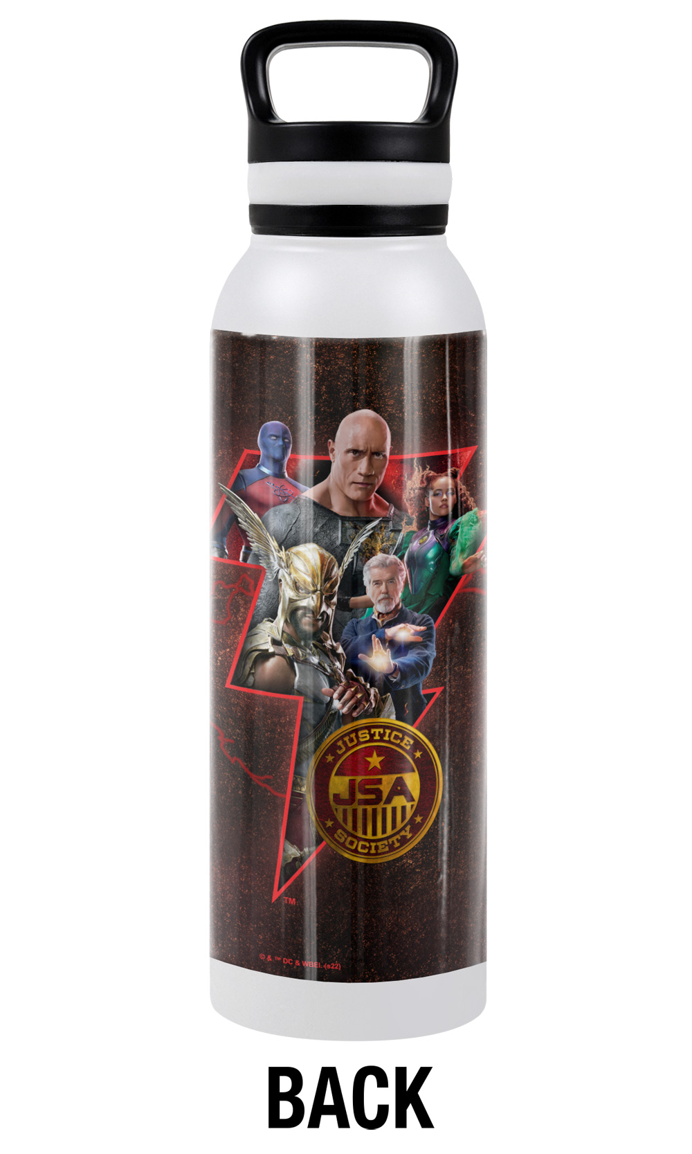 Black Adam Official Character Bolt White 24 oz Insulated Canteen Water Bottle, Leak Resistant, Vacuum Insulated Stainless Steel with Loop Cap