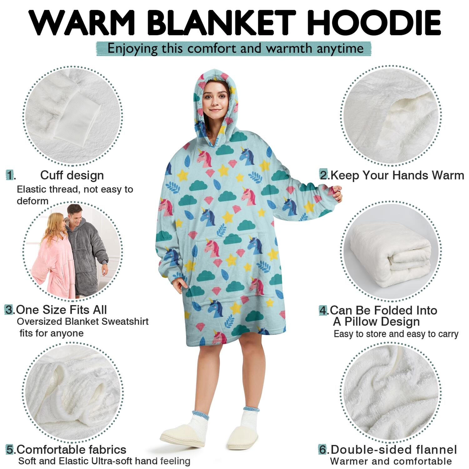 Wearable Oversized Blanket,Blue Cartoon Unicorn Cloud Diamond Leaf Pattern Wearable Blanket Hoodie for Adults,Cozy Hooded Blankets with Super Pockets,Super Warm Fuzzy Pullover for Women & Men