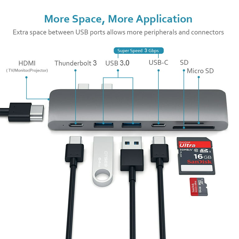 Adaptateur USB C pour MacBook Pro/Air, HDMI 4K@30Hz, Thunderbolt3, USBC, 2  USB 3.0, Micro SD/SD, 7 en 2 Double Type C pour MacBook avec 2023-2019