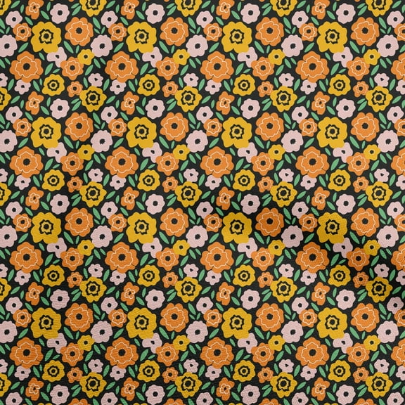 oneOone Polyester Spandex Black Fabric Floral Retro Quilting Supplies Print Sewing Fabric By The Yard 56 Inch Wide