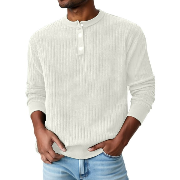 Men's Henley Neck Ribbed Knit Sweater Long Sleeve Button Casual Pullover Top