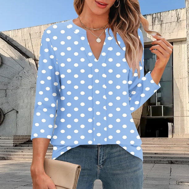 mfyjkho Tops Para Hacer Ejercicio, Camiseta De Manga Tres Cuartos Con Cuello En V Y Lunares De Color Liso Para Mujer Tops Para Salir Para Mujer Xl
