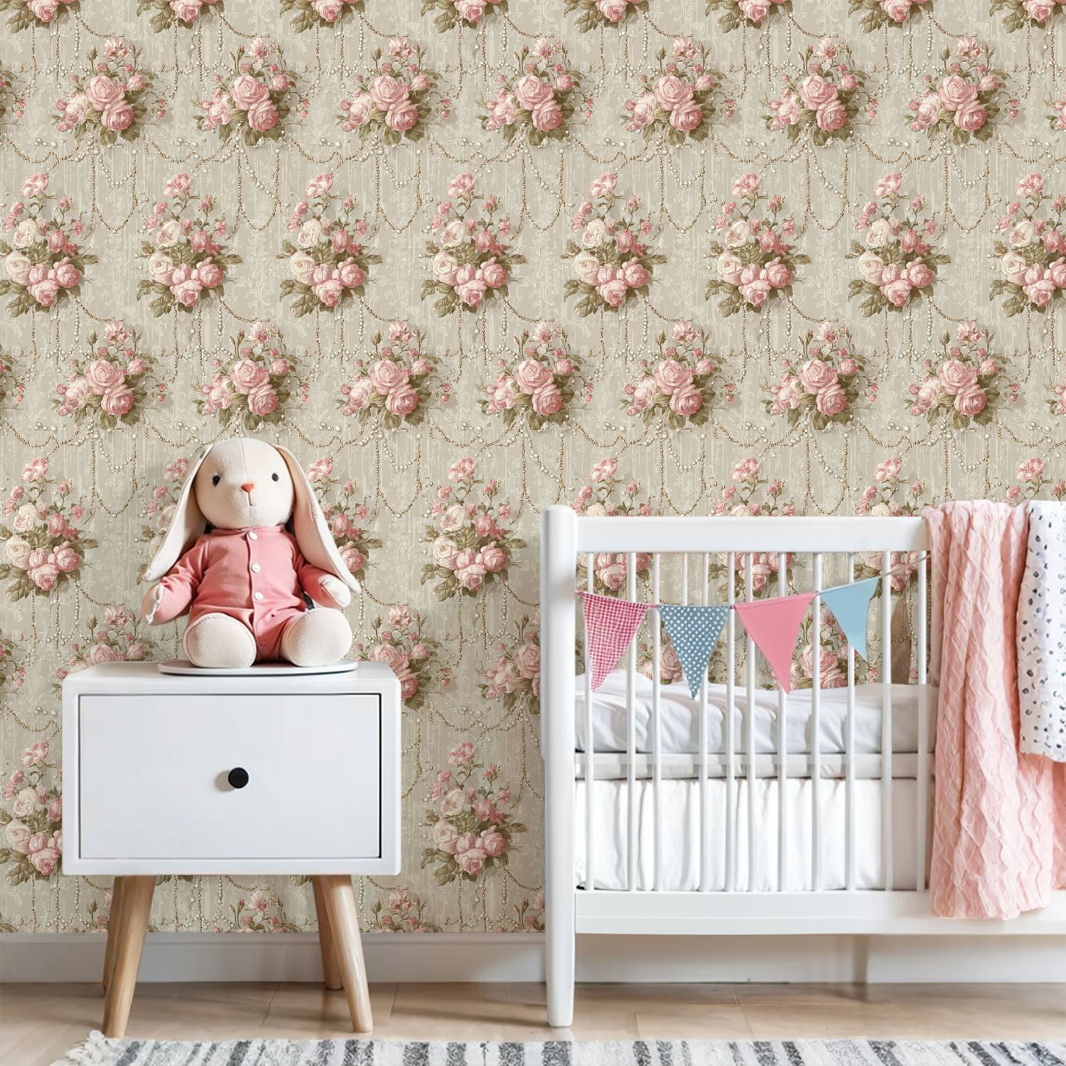 Peel and Stick Wallpaper Vintage Floral Rose Pearls Gold Accents Wall Mural 23.6in x 9.8ft Self Adhesive Removable Wall Paper Renter Friendly Wallpaper for Bedroom