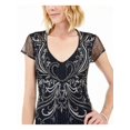 thumbnail image 3 of ADRIANNA PAPELL Womens Navy Beaded Cap Sleeve V Neck Full-Length Evening Fit + Flare Dress 10, 3 of 5