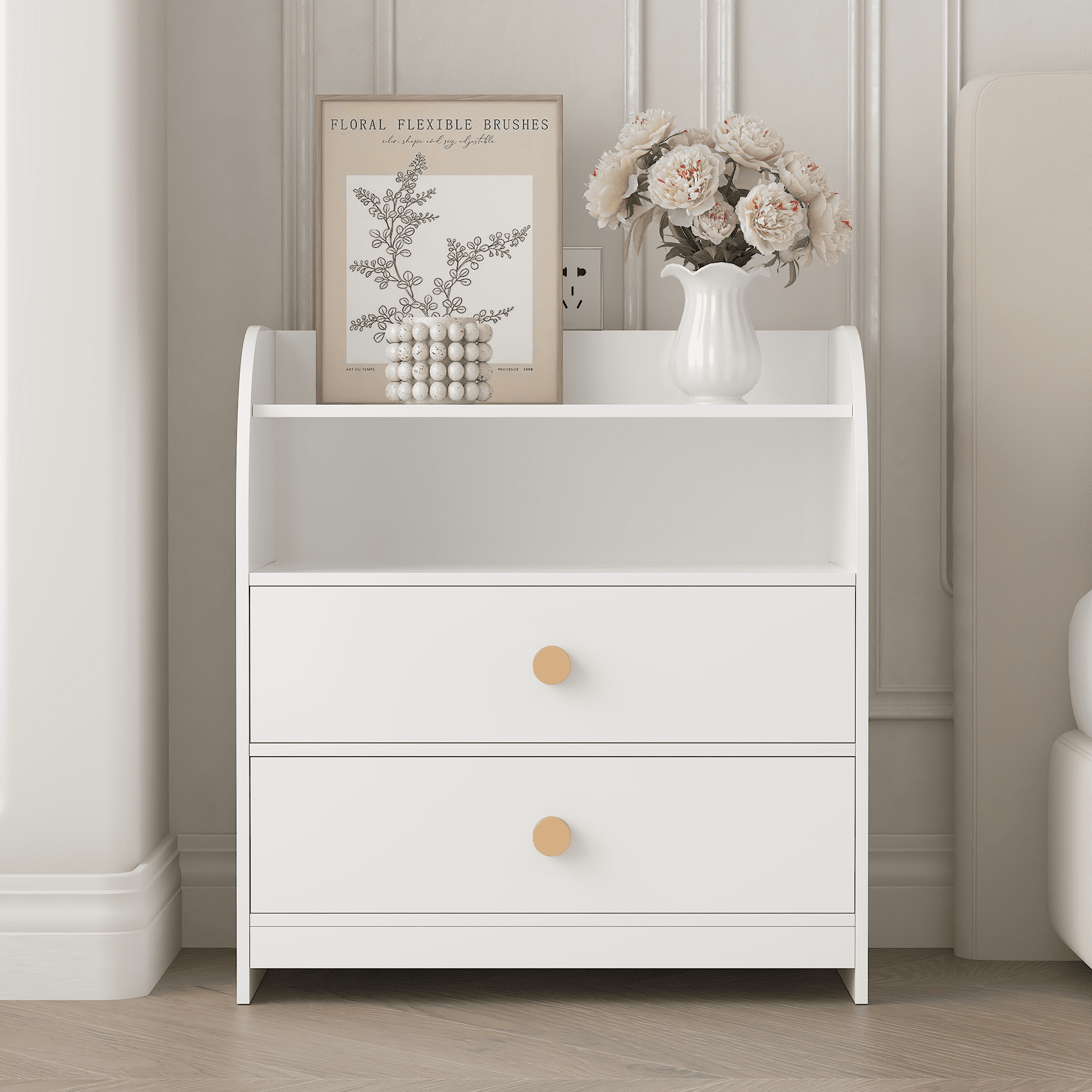 White MDF Nightstand with Curved Side Panels 2 Drawers Open Shelf Bedside End Table Storage